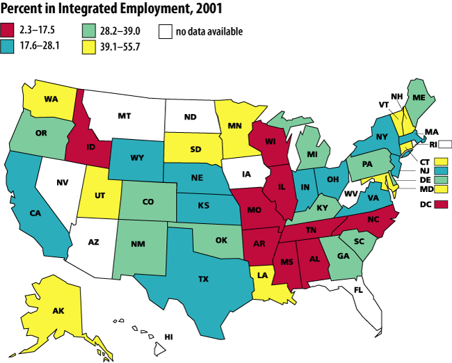 Percent in integrated employment 2001
