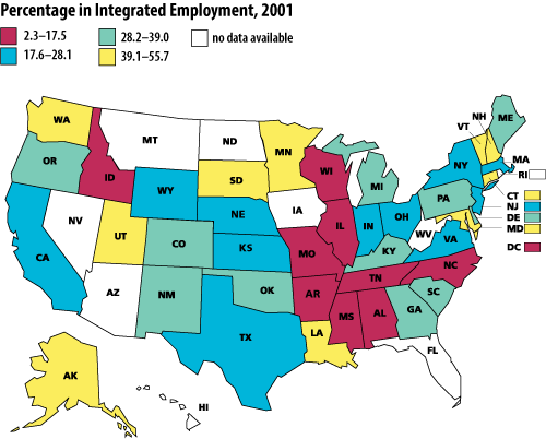 Map of % integrated employment, 2001