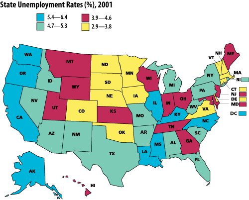 Map of state unemployment rates, 2001